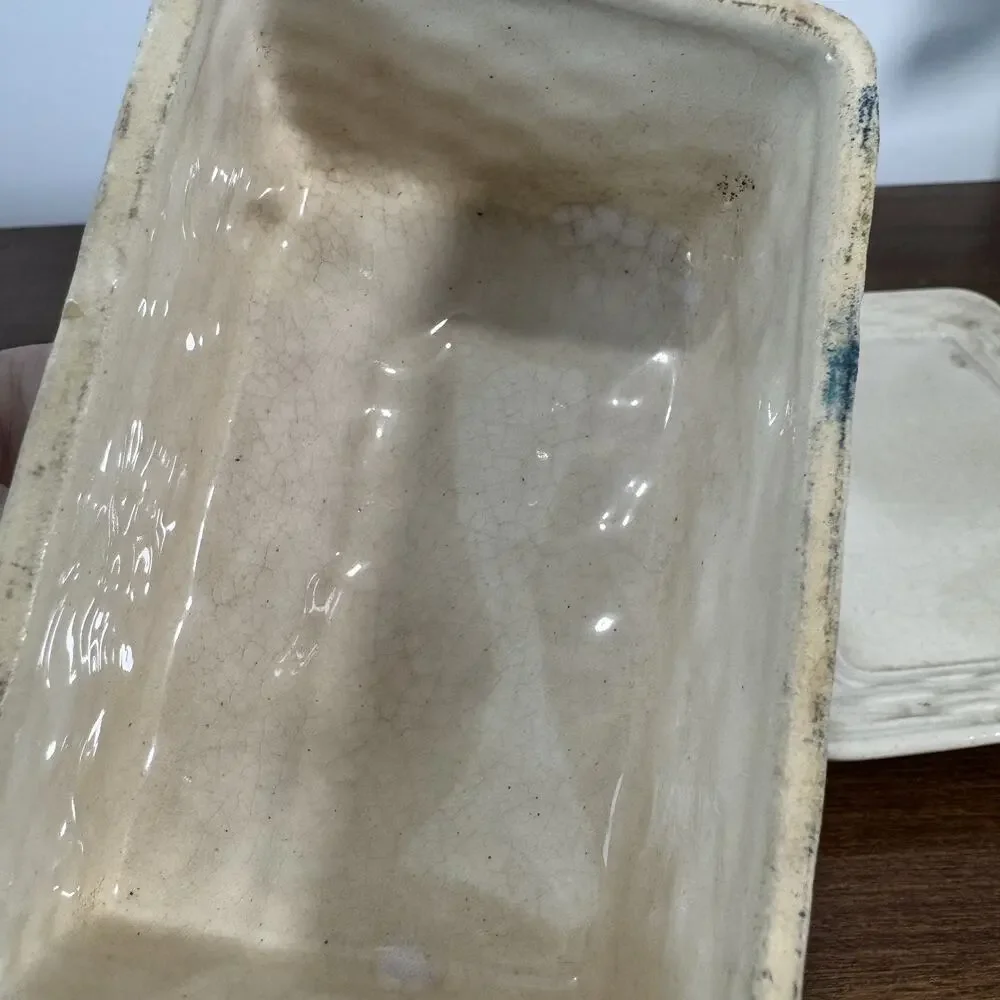 Vintage Butter Dish with Lid & Handle Cream Ceramic Toasty Crazing